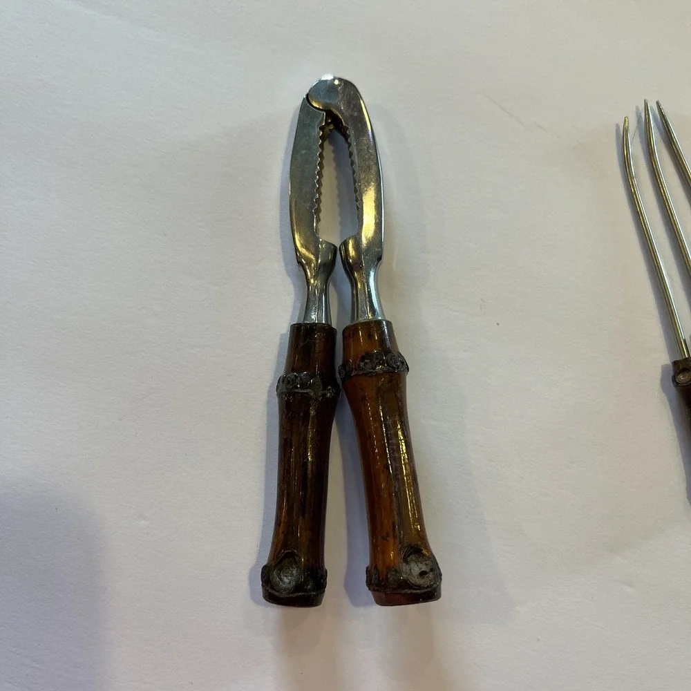 Vintage Stainless Steel Wooden Handle Nut Cracker Set